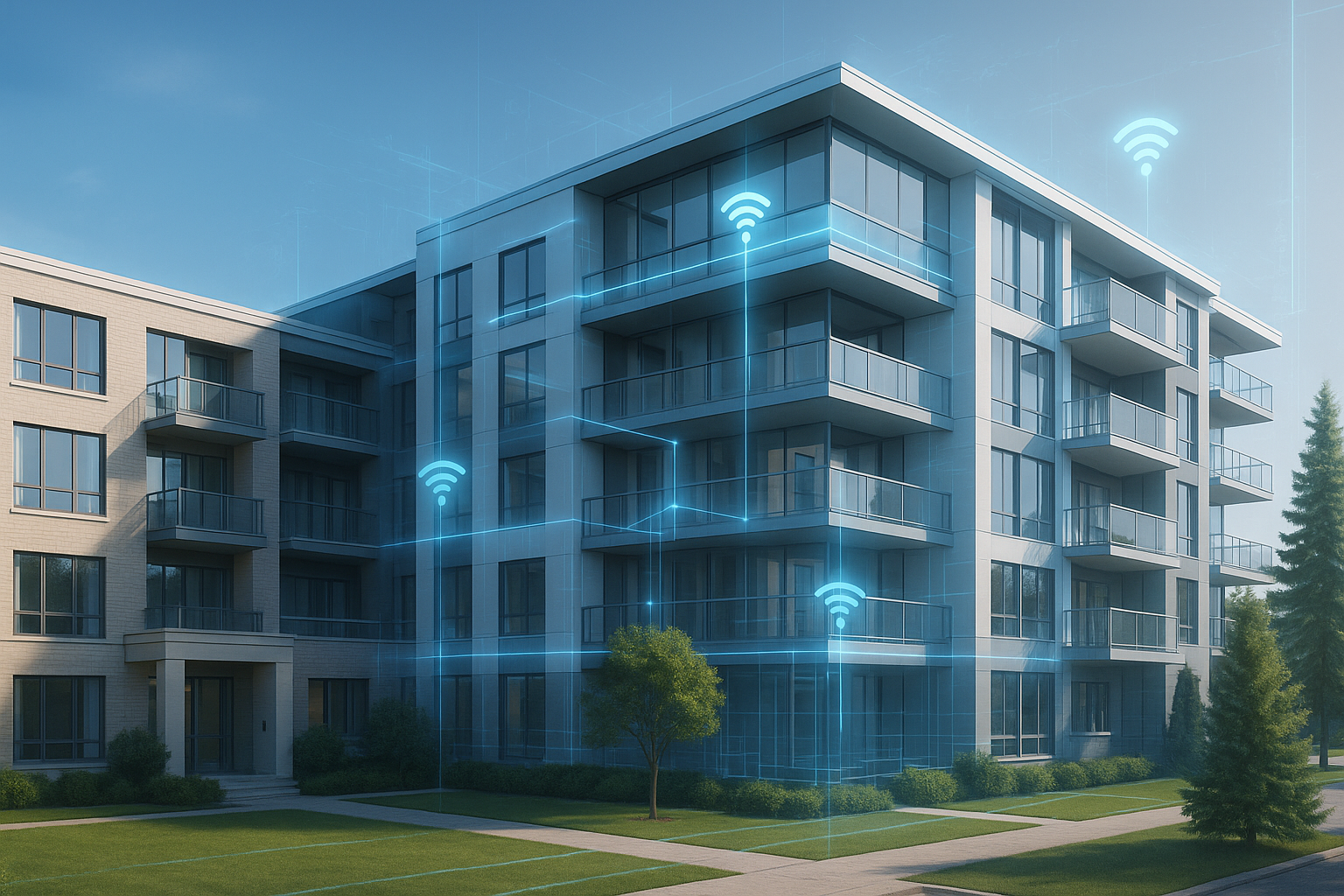 Résidence pour aînés moderne illustrant la connectivité et la conception technologique BIM – Pelletier & Associés Conseils, experts-conseils en télécommunications et sécurité physique.