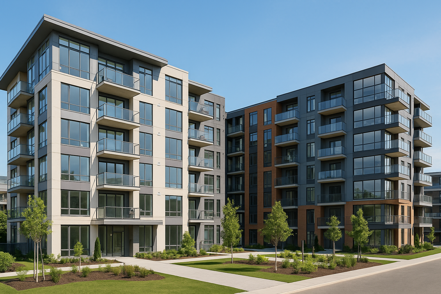 Complexe résidentiel moderne de type immeuble à logements multiples (ILM), illustrant l’ingénierie télécom, la planification technologique et la conception d’infrastructures réalisées par Pelletier & Associés Conseils.