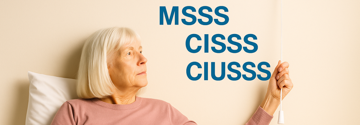 Personne âgée dans son lit tirant une tirette d’appel de garde, avec les acronymes MSSS, CISSS et CIUSSS