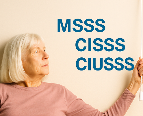 Personne âgée dans son lit tirant une tirette d’appel de garde, avec les acronymes MSSS, CISSS et CIUSSS