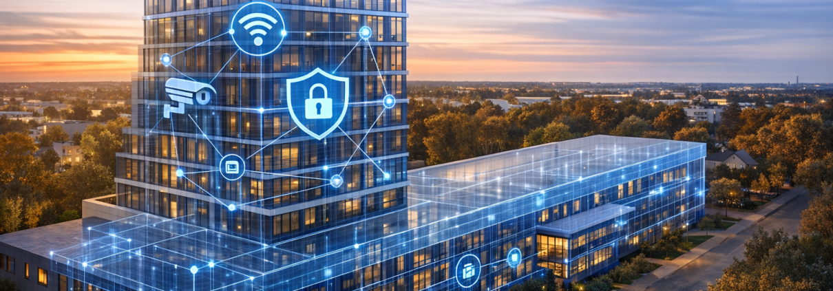 Illustration d’un bâtiment moderne représenté avec une surcouche numérique en transparence, mettant en évidence une infrastructure intelligente et sécurisée avec des connexions réseau, des icônes de sécurité et des composants technologiques.