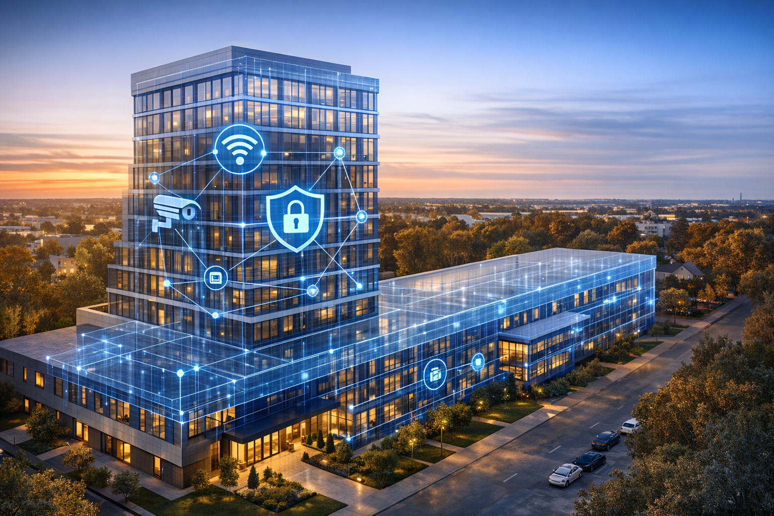 Illustration d’un bâtiment moderne représenté avec une surcouche numérique en transparence, mettant en évidence une infrastructure intelligente et sécurisée avec des connexions réseau, des icônes de sécurité et des composants technologiques.