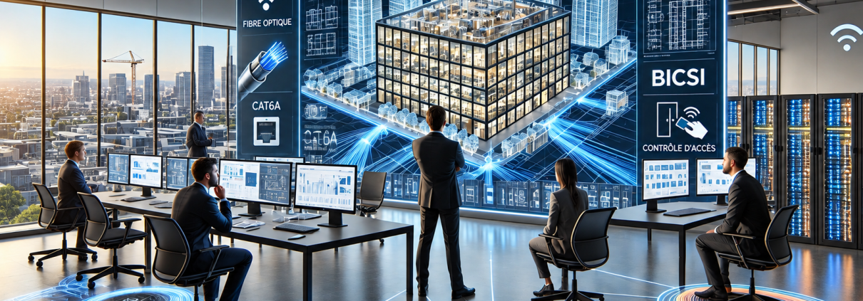 Équipe d’ingénierie coordonnant en BIM les infrastructures de télécommunications et de sécurité d’un bâtiment