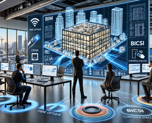 Équipe d’ingénierie coordonnant en BIM les infrastructures de télécommunications et de sécurité d’un bâtiment