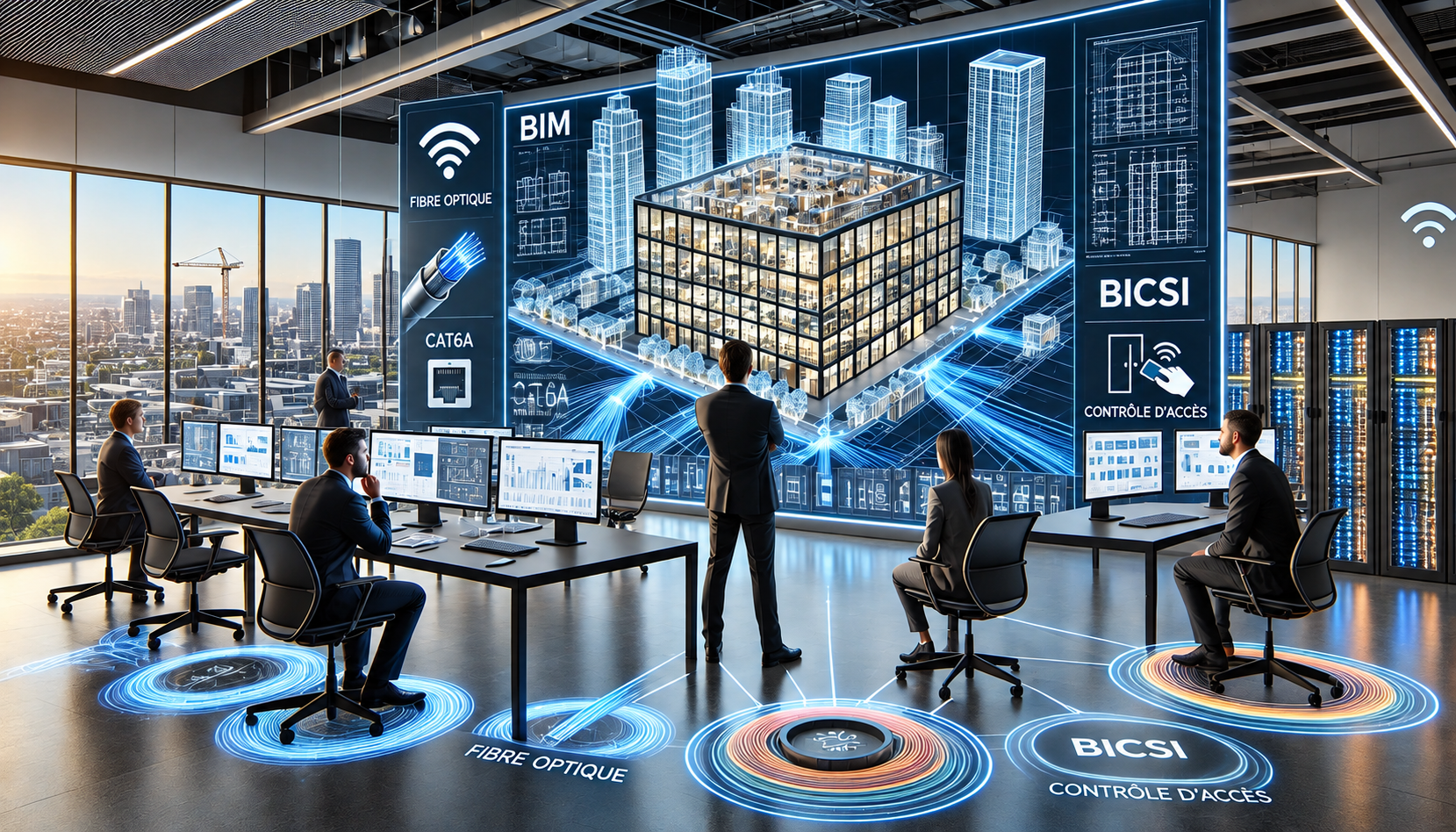 Équipe d’ingénierie coordonnant en BIM les infrastructures de télécommunications et de sécurité d’un bâtiment